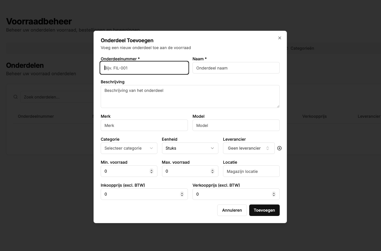 Onderdelen voorraad toevoegen